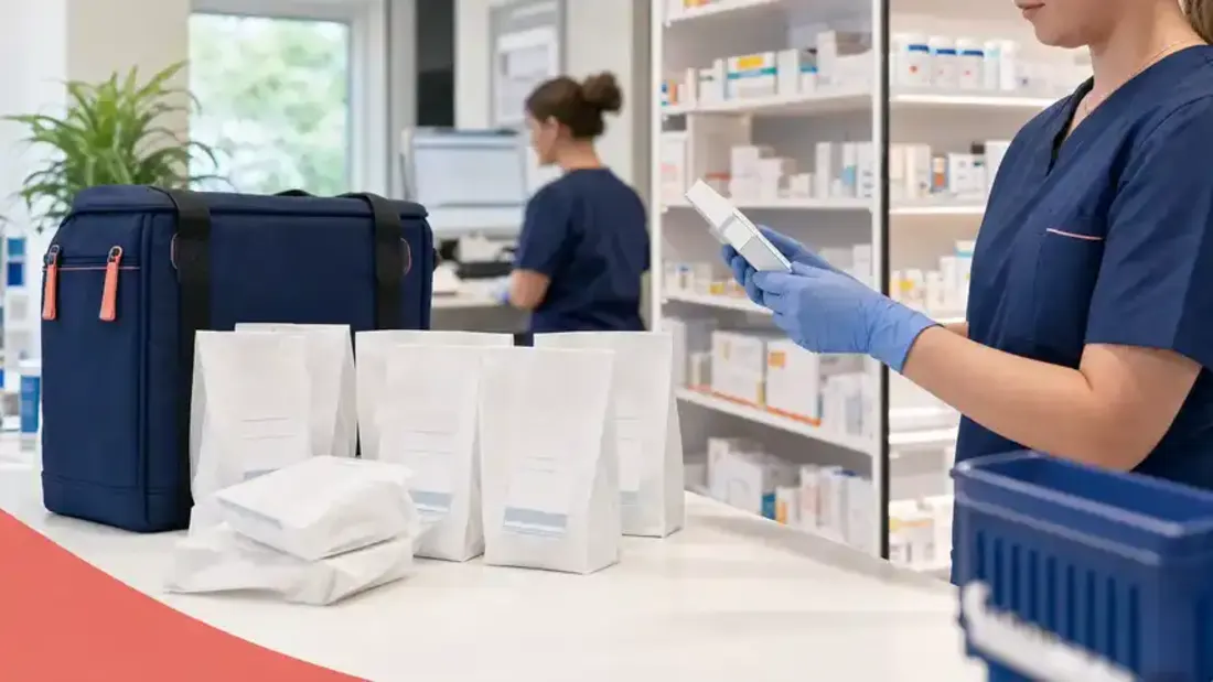 Prepared prescription delivery bags in a clean pharmacy